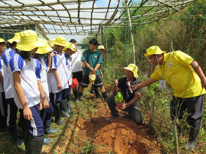 Nhiều bạn học sinh chăm chú lắng nghe hướng dẫn trồng cây tại Bunny Hill Farm – Đà Lạt.