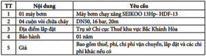 Cục Thuế thông báo về việc mời chào giá gói thầu Mua máy bơm cho Chi cục Thuế khu vực Bắc Khánh Hòa.