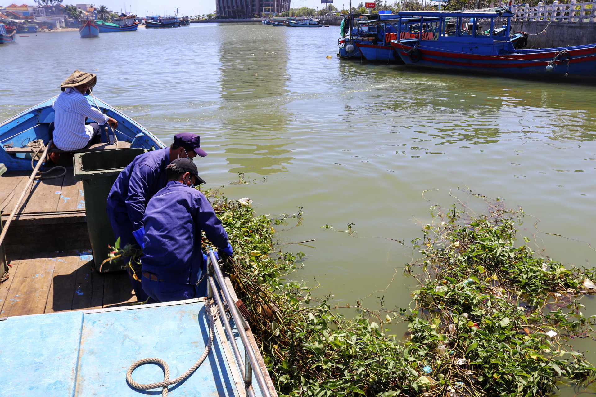 Công nhân thu gom rác thải trên vịnh Nha Trang. 