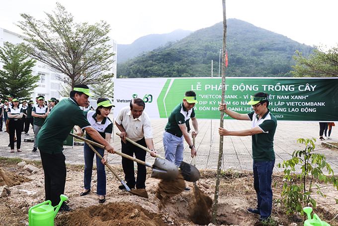 Lãnh đạo Vietcombank Chi nhánh Khánh Hòa, Vietcombank Chi nhánh Nha Trang  và đại diện Ban Giám hiệu Trường THPT Chuyên Lê Quý Đôn trồng cây tại lễ phát động.
