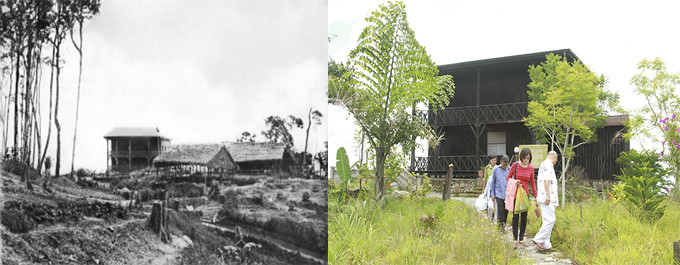 Nhà làm việc của bác sĩ A.Yersin trên đỉnh Hòn Bà trước đây (ảnh tư liệu) và hình ảnh căn nhà ngày nay. 