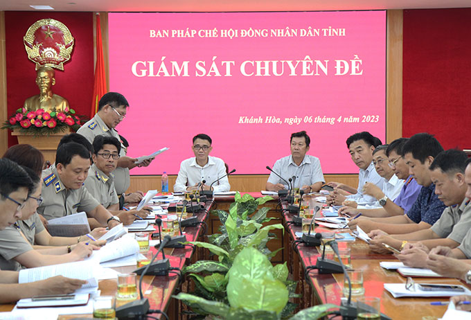 Ông Dương Diêu - Phó Cục trưởng Cục Thi hành án dân sự tỉnh báo cáo đoàn giám sát.